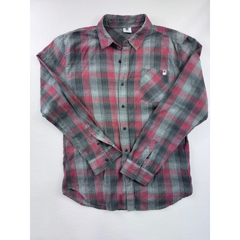 DC Shoes Mens Plaid Flannel Button Down Shirt Grey Burgundy Large 5064049-60